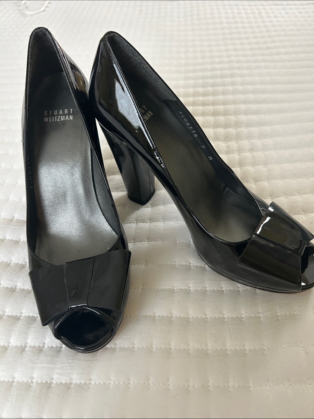 Stuart Weitzman Black Patent Peep-Toe Pumps with Bow